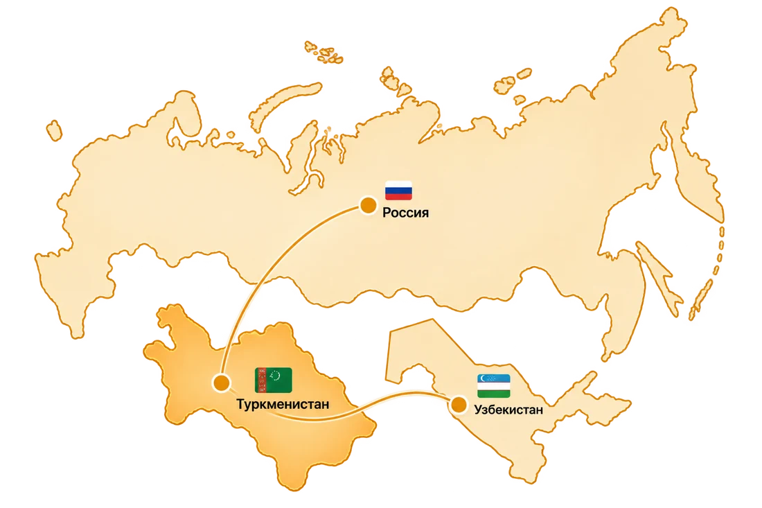 Карта: Россия, Туркменистан, Узбекистан